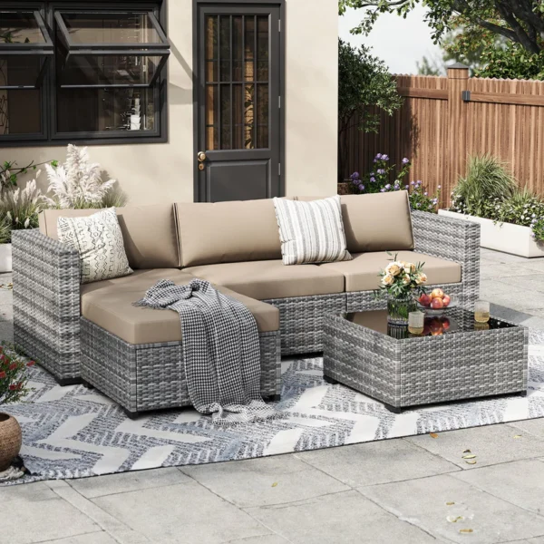 Ezraiderf Patio Furniture Set 5 Pieces Modular Outdoor Couch with Glass Coffee Table